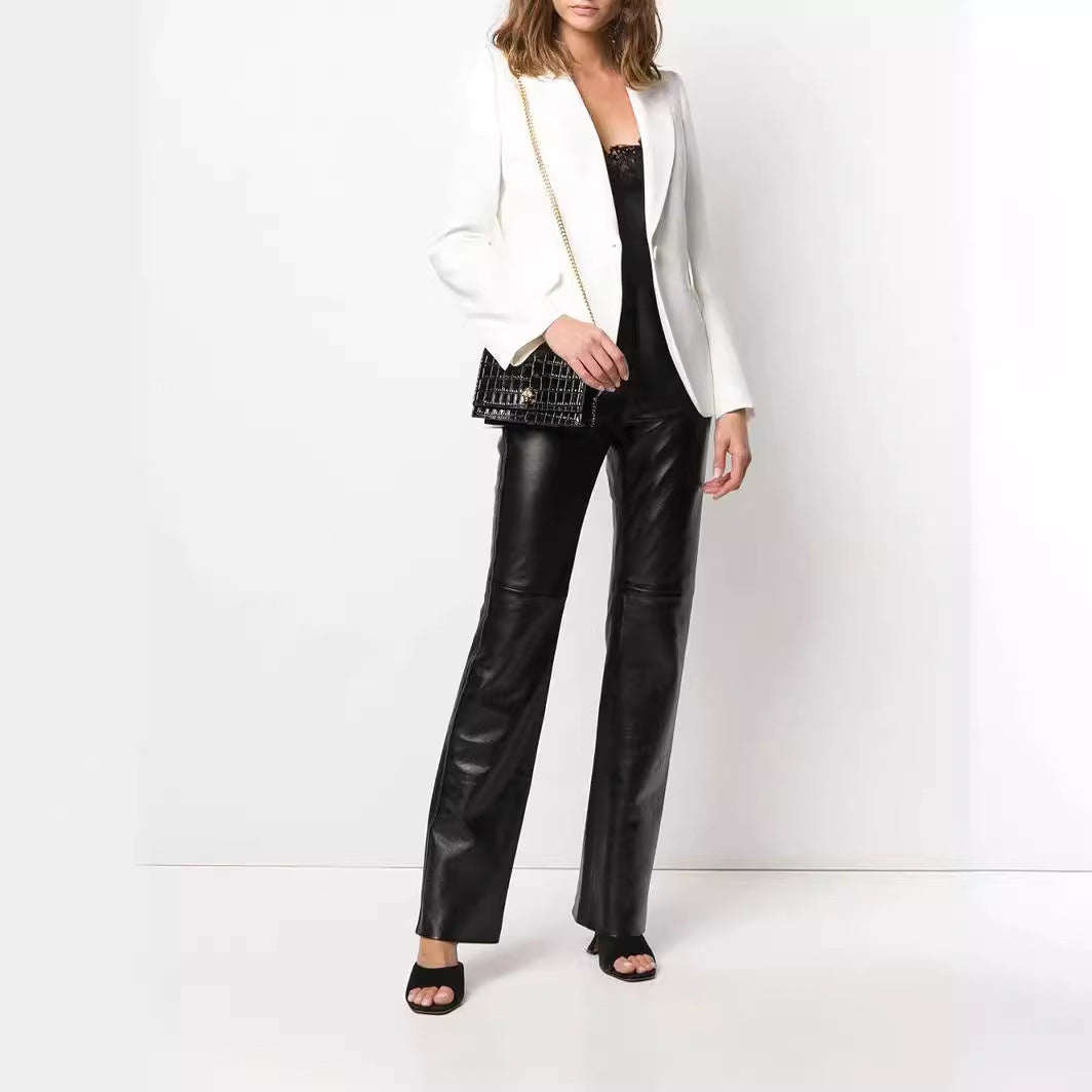 Damen Vegane Lederhose im Geradschnitt mit hoher Taille und dezentem Bootcut Drune