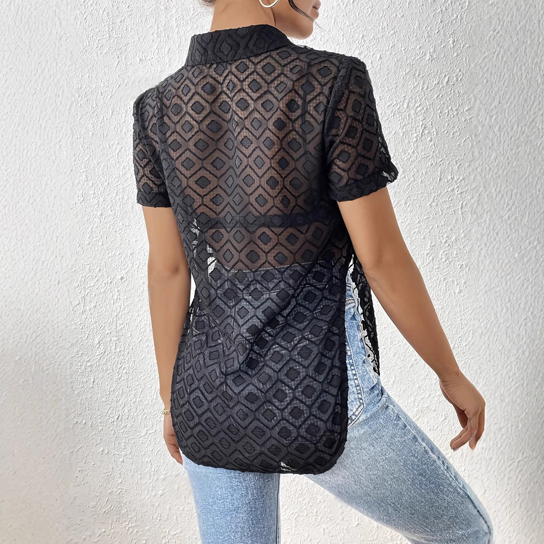 Damen nan taillierte bauchfreie Kurzbluse aus Ajour-Mesh mit Hemdkragen und Knotendetail Drune
