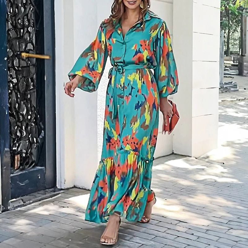 Damen Maxikleid mit modernem geometrischen Muster und eleganter Taillierung Drune