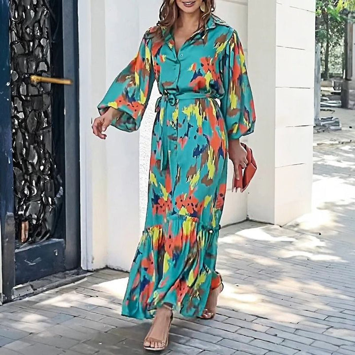 Damen Maxikleid mit modernem geometrischen Muster und eleganter Taillierung Drune