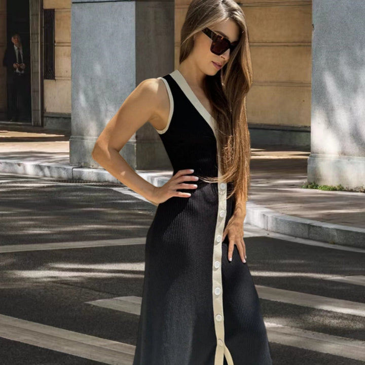 Damen Maxikleid mit Knopfleiste und kontrastierendem Design Drune