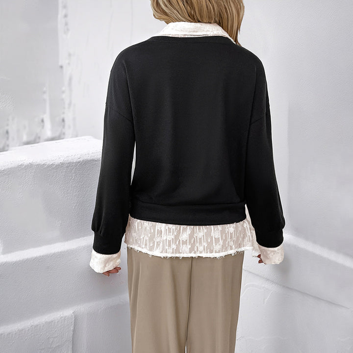 Damen Layered-Feinstrickpullover mit V-Ausschnitt und integriertem Spitzenbluseneinsatz Drune