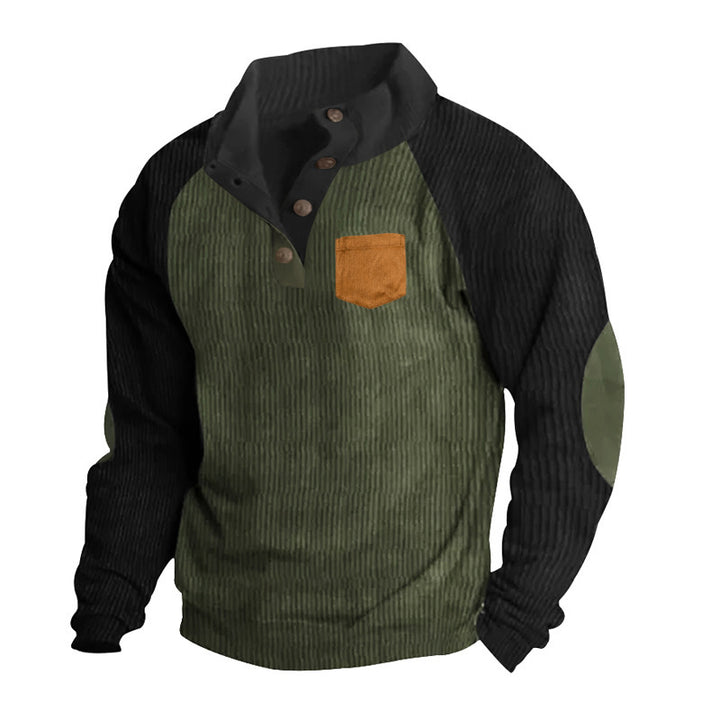 Herren Geripptes Henley‑Pullover mit Raglanärmeln, Ellenbogen‑Patches & Brusttasche Drune