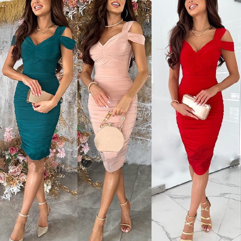 Damen Bodycon-Kleid mit Asymmetrischem Ausschnitt und Rüschendetails Drune