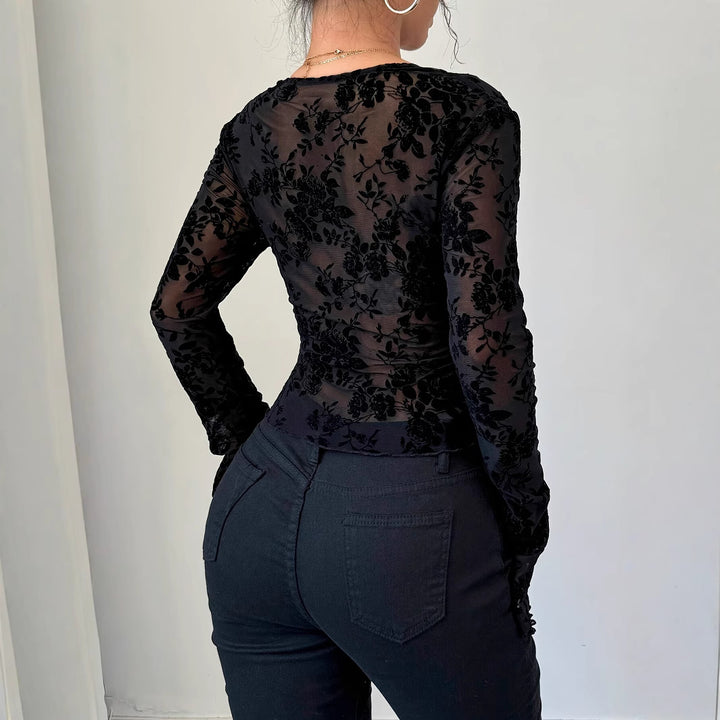 Damen nan eng anliegende transparente Mesh-Spitzenbluse mit tiefem V-Ausschnitt und floraler Veloursstruktur Drune