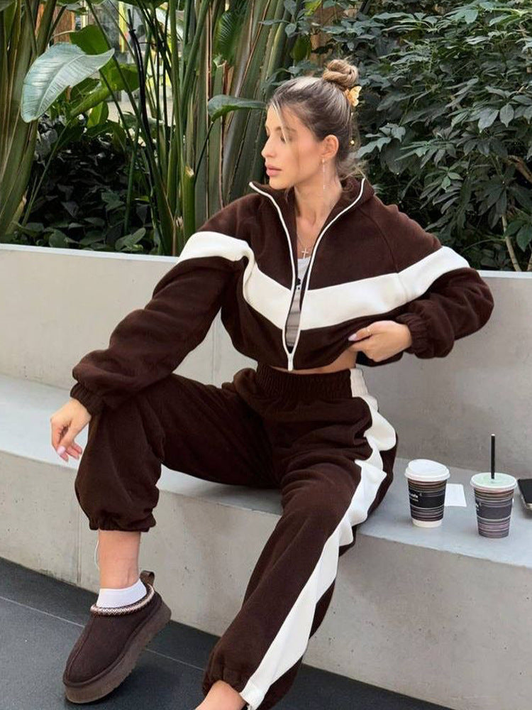 Damen nan kuscheliger Fleece-Trainingsanzug mit Zip-Jacke und elastischen Bündchen Drune