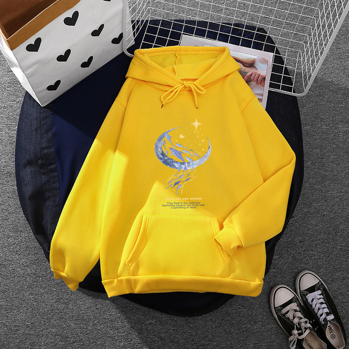 Damen nan Kapuzenpullover mit Mond‑und‑Wal-Illustration, Oversize-Schnitt und Kängurutasche Drune