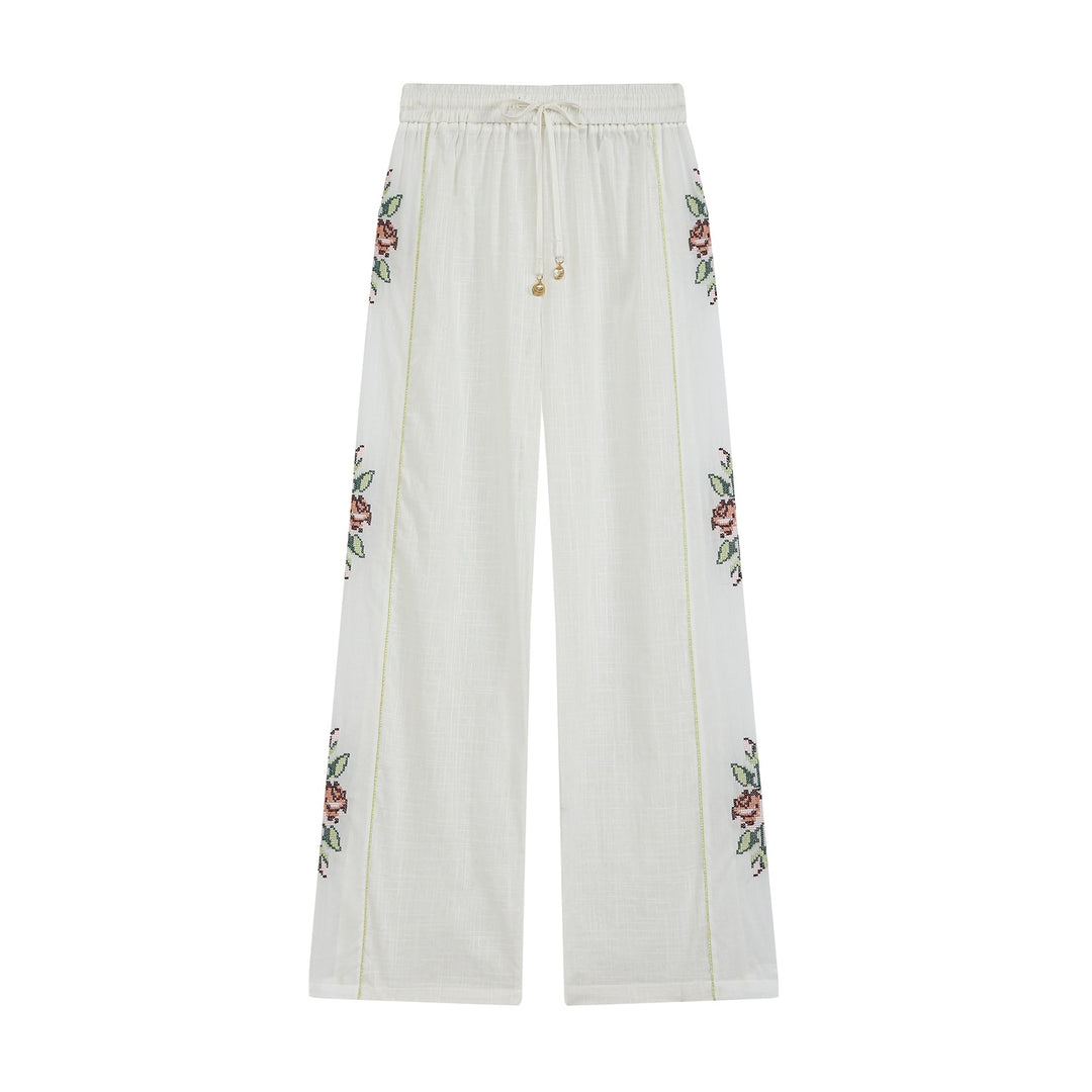 Damen Weite Leinen‑Optik Hose mit Tunnelzugbund und seitlicher Blumenstickerei Drune