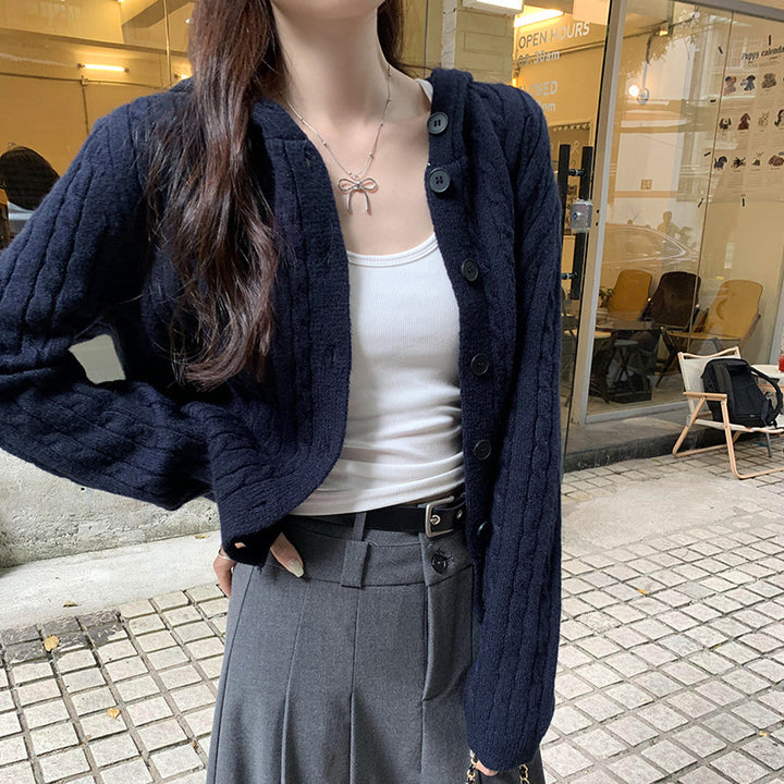 Damen Strickjacke mit Kapuze und Knopf-Detail Drune