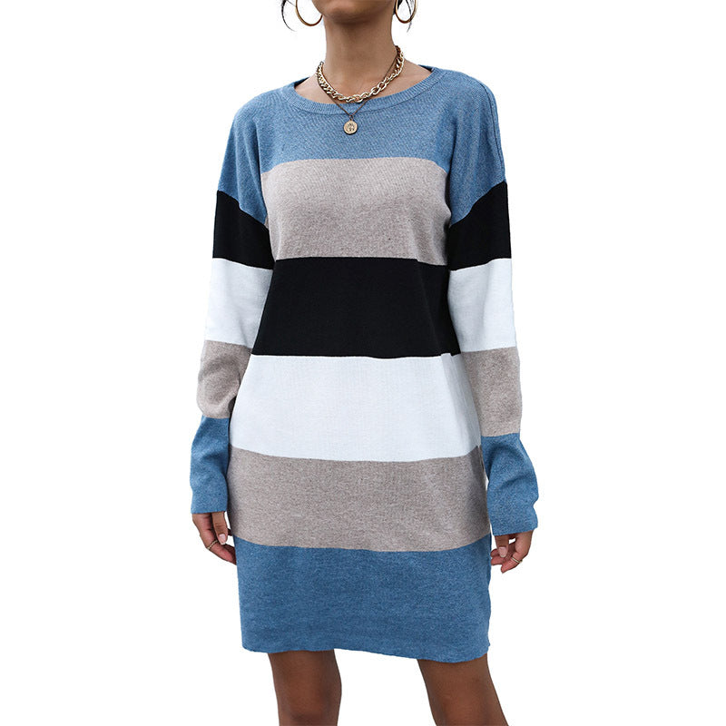 Damen Feinstrick-Minikleid mit Colorblock-Streifen, taillierter Silhouette und Rundhalsausschnitt Drune