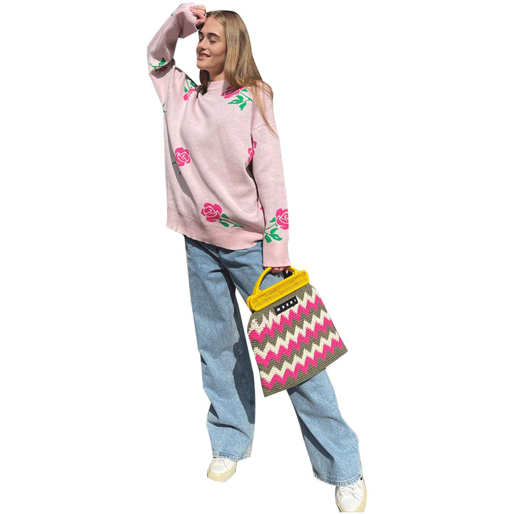 Damen Gemusterter Strickpullover mit floralem Design und lockerer Passform Drune