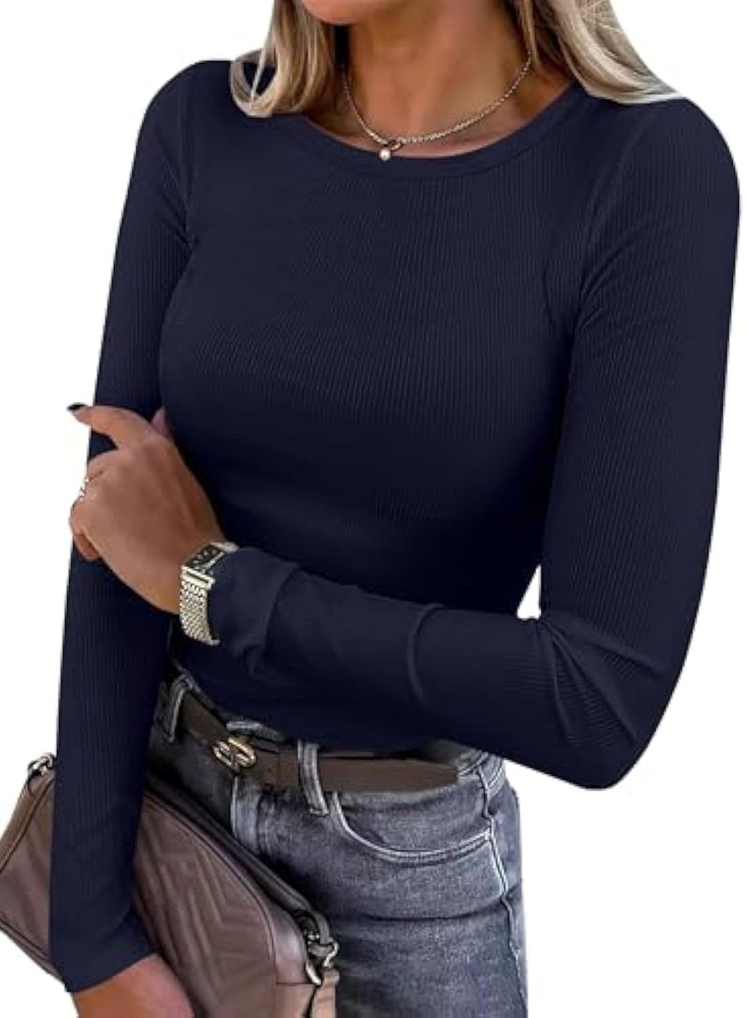 Damen Schmalgeschnittenes Ripp-Longsleeve mit Rundhalsausschnitt und Stretch-Baumwollmix Drune