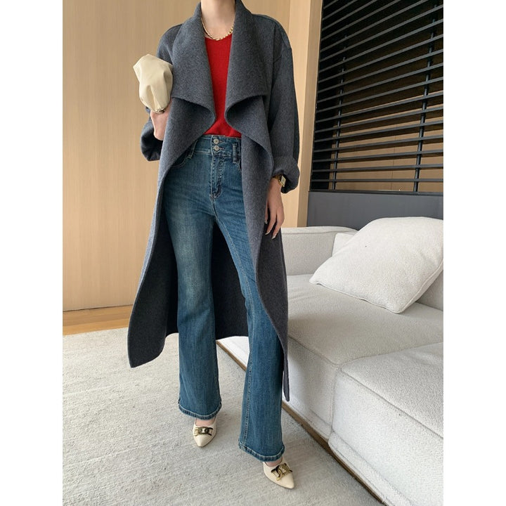 Damen eleganter Wickelmantel aus weichem Wollmix mit Gürtel Drune