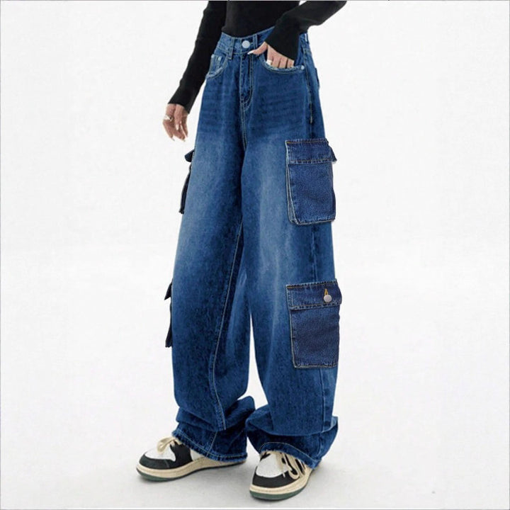 Damen Weite High-Waist Cargo-Jeans im Baggy-Schnitt mit Mehrfach-Taschen Drune