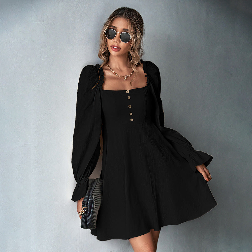 Damen romantisches A-Linien Kleid mit Puffärmeln quadratischem Ausschnitt und taillenbetonter Silhouette Drune