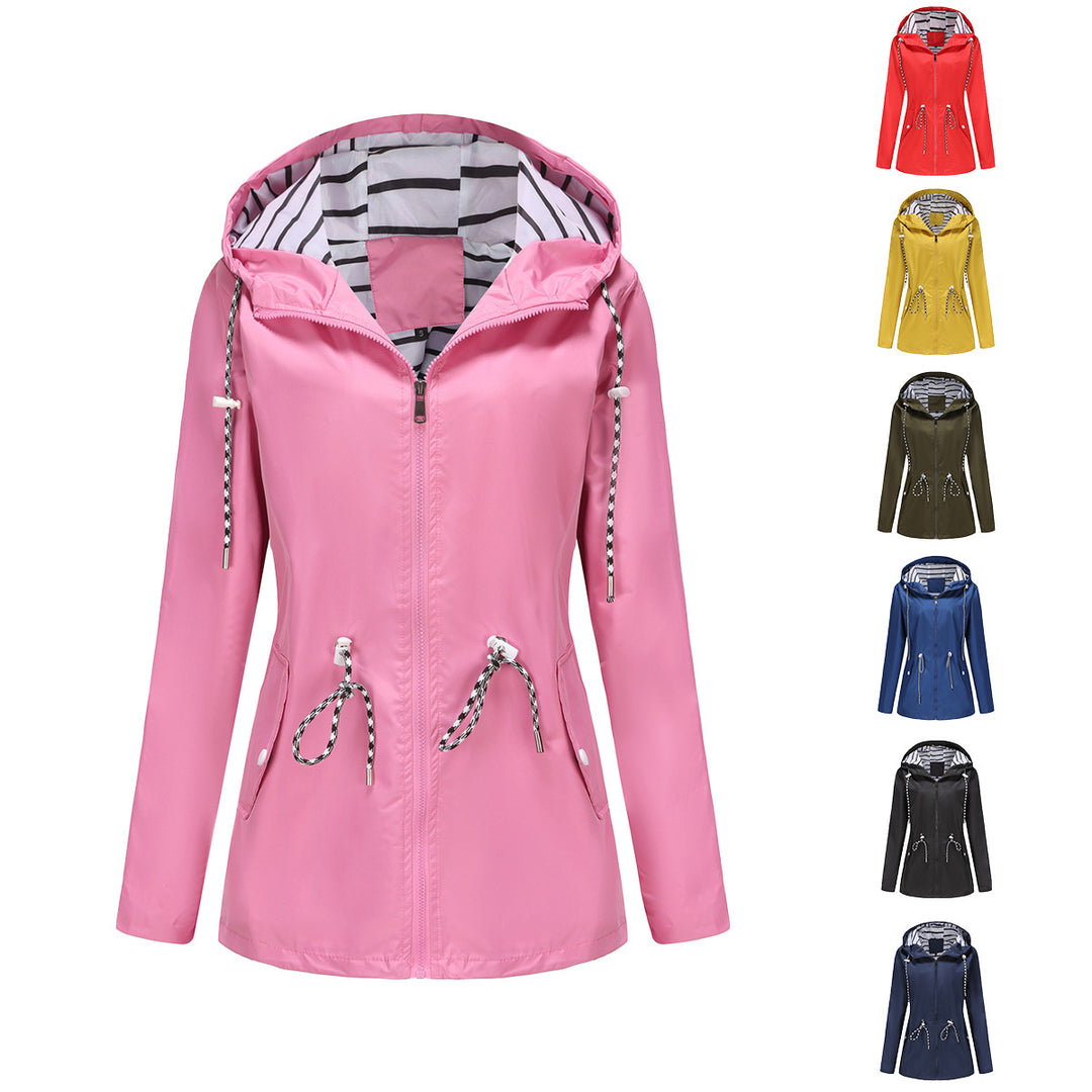 Damen nan leichte wasserdichte Parka Regenjacke mit Taillen-Kordelzug Drune