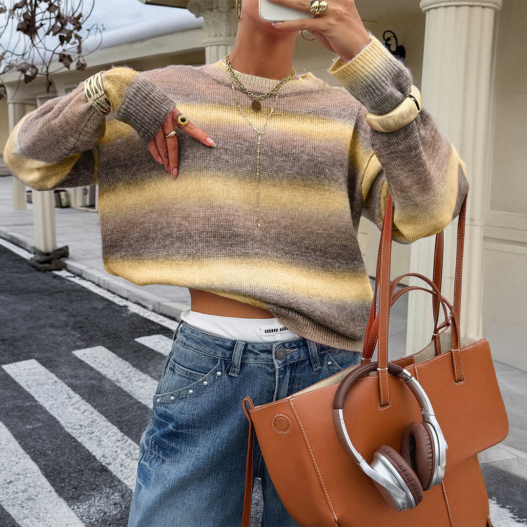 Damen nan Oversized-Feinstrickpullover mit Ombre-Verlauf, Rundhalsausschnitt und überschnittener Schulter Drune
