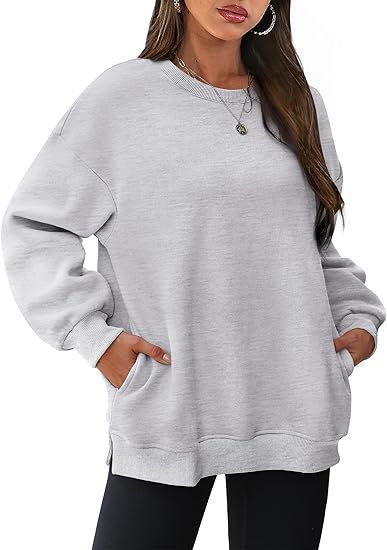 Damen nan lässiger Oversize-Sweatpullover mit seitlichen Eingrifftaschen, geripptem Saum und überschnittener Schulter Drune