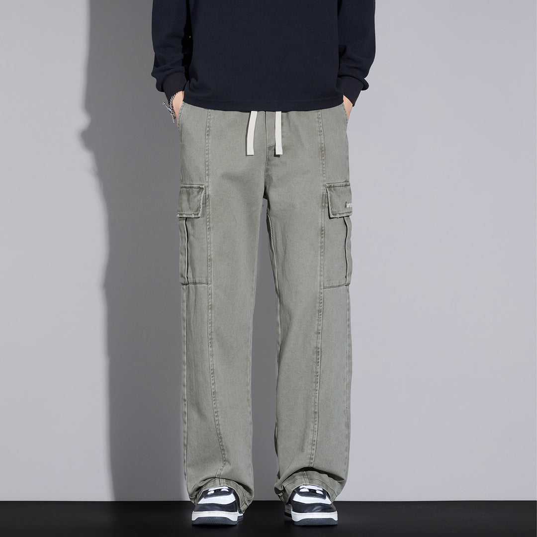 Herren Weite Cargo-Hose aus gewaschener Baumwolle mit Tunnelzug und Multifachtaschen Drune
