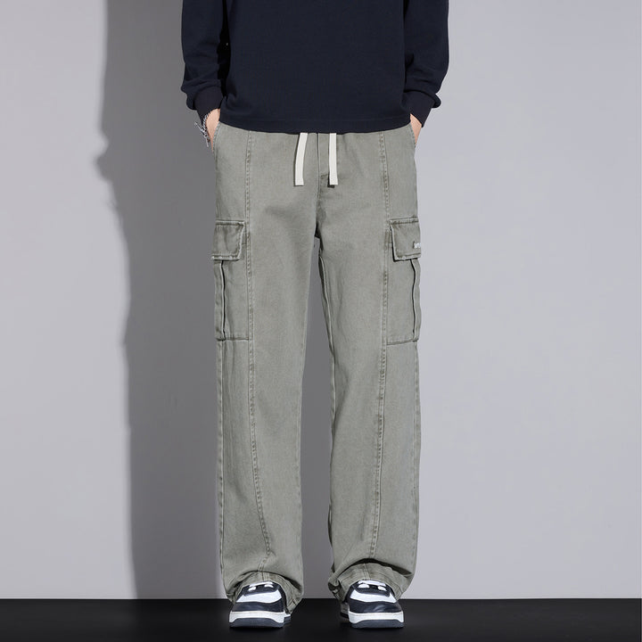 Herren Weite Cargo-Hose aus gewaschener Baumwolle mit Tunnelzug und Multifachtaschen Drune