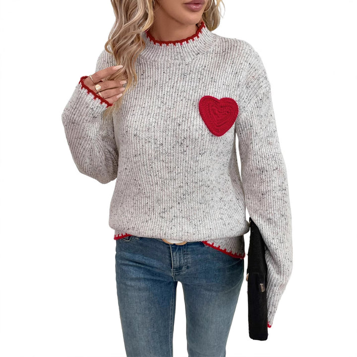 Damen Gerippter Feinstrick-Pullover mit Herz‑Applikation und kontrastierter Saumkante Drune