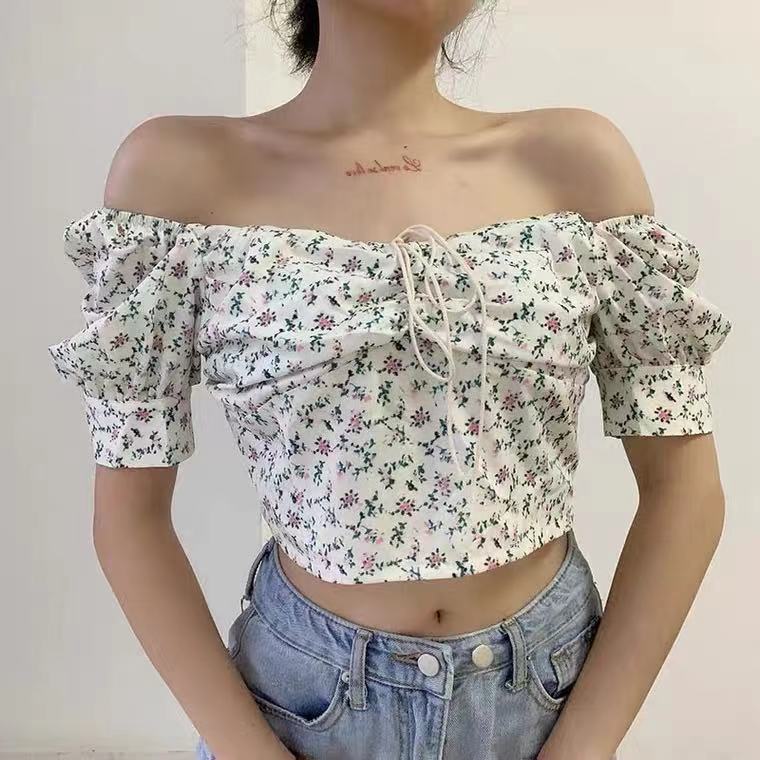 Damen Crop-Top mit Puffärmeln und floralem Design