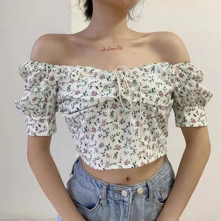Damen Crop-Top mit Puffärmeln und floralem Design