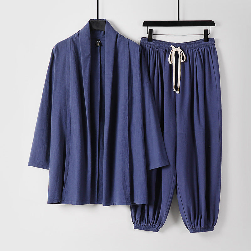 Unisex Entspanntes Kimono-Zweiteiler aus Baumwollmusselin mit Schalkragenjacke und geraffter Knöchelhose Drune