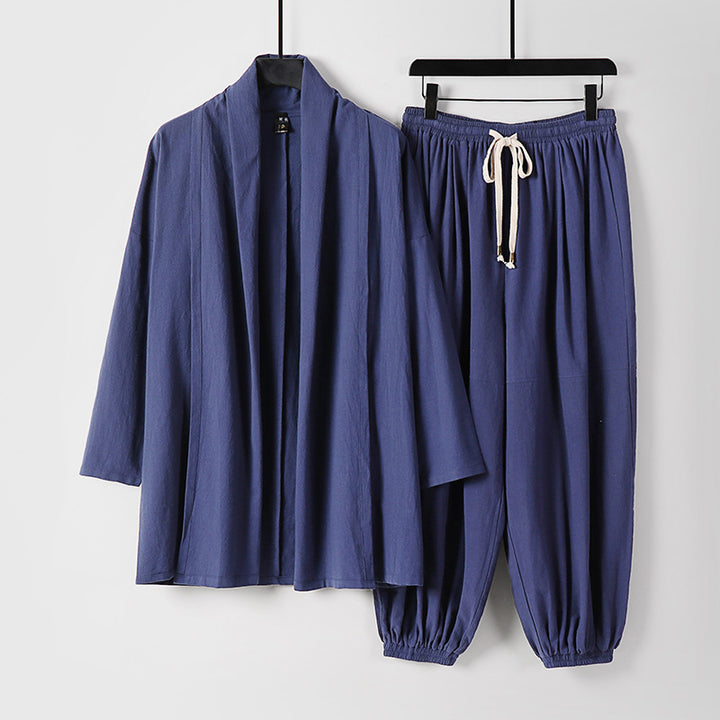 Unisex Entspanntes Kimono-Zweiteiler aus Baumwollmusselin mit Schalkragenjacke und geraffter Knöchelhose Drune