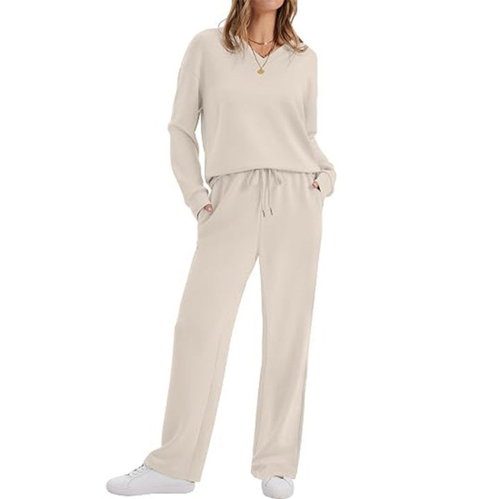 Damen Lässiges Lounge-Set mit V-Ausschnitt-Sweatshirt und weiten Tunnelzug-Hosen Drune
