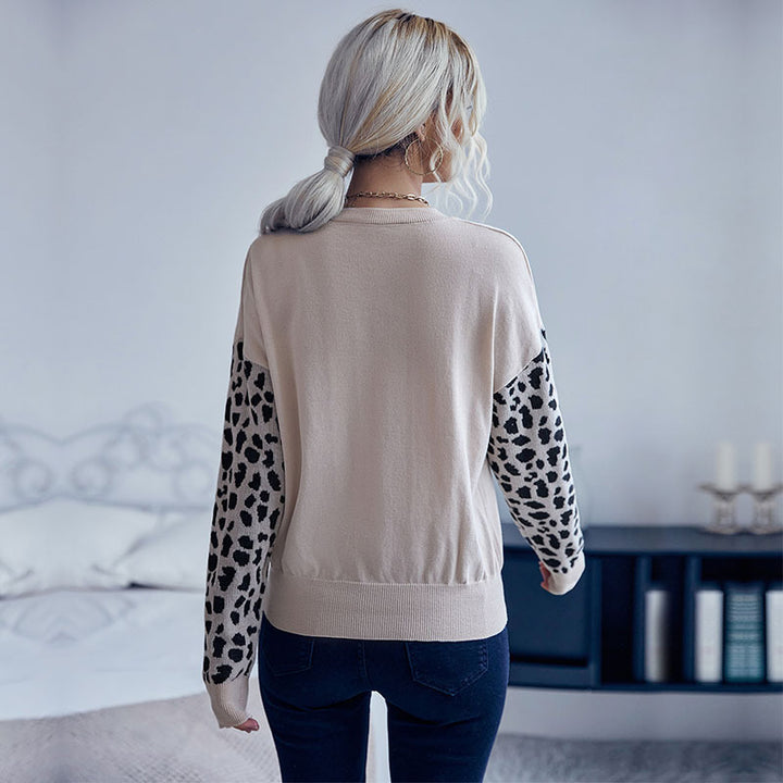 Damen V‑Ausschnitt Feinstrickpullover mit Leo‑Jacquardärmeln und überschnittener Passform Drune