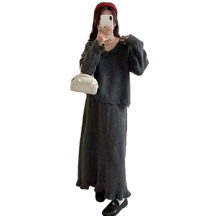 Damen elegantes Strickkleid mit einzigartigen Blütenapplikationen Drune