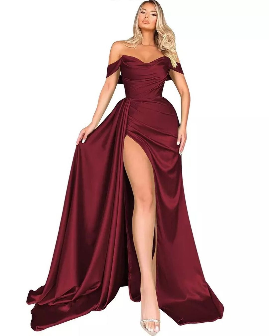 Damen Off-Shoulder Abendkleid mit hohem Beinschlitz und voluminösem Rock Drune