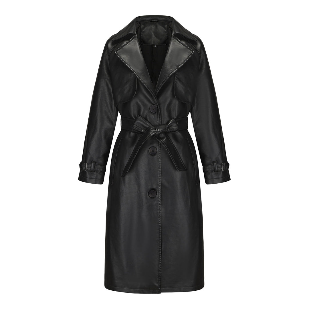 Damen nan langer taillierter Kunstleder-Trenchcoat mit Bindegürtel Drune