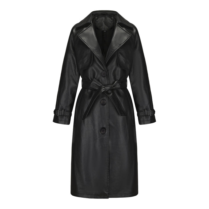 Damen nan langer taillierter Kunstleder-Trenchcoat mit Bindegürtel Drune