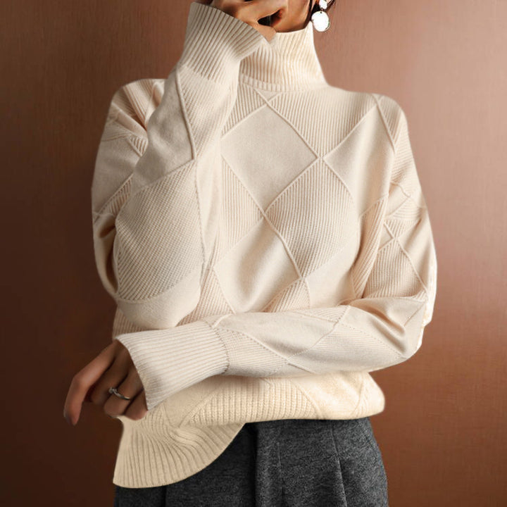 Damen nan weit geschnittener Strickpullover mit hohem Rollkragen und Rautenmuster Drune