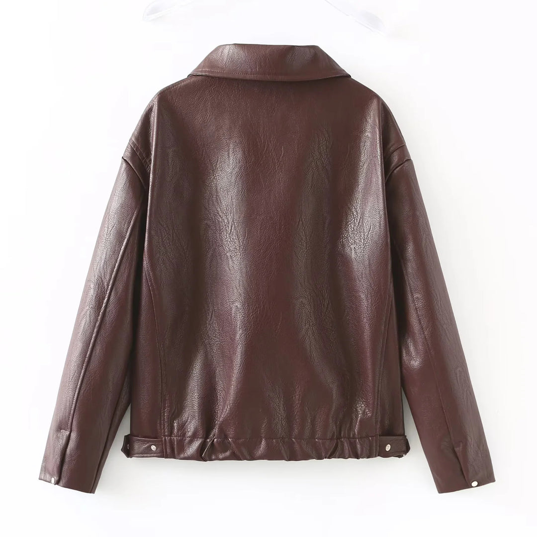 Damen nan kastig geschnittene Kunstlederjacke mit durchgehendem Reißverschluss und elastischem Saum Drune