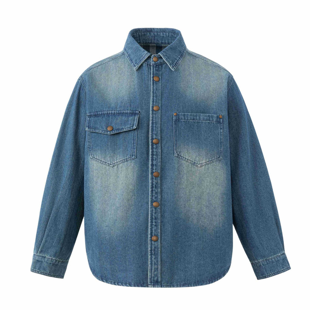 Unisex Oversize Denim‑Hemdjacke mit Druckknopfleiste und aufgesetzten Brusttaschen Drune