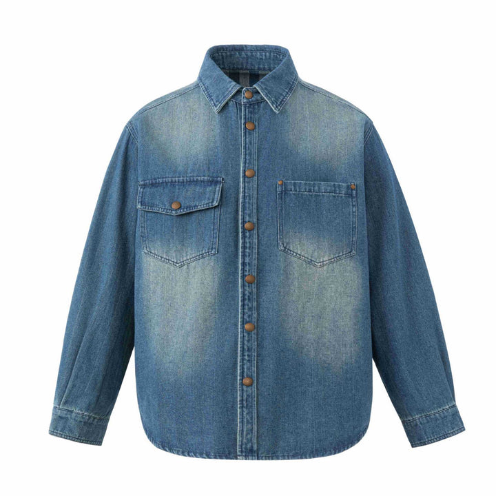 Unisex Oversize Denim‑Hemdjacke mit Druckknopfleiste und aufgesetzten Brusttaschen Drune
