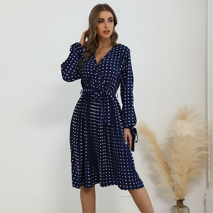 Damen Polka-Dot Wickelkleid mit V‑Ausschnitt, Bindegürtel und plissiertem Midirock Drune