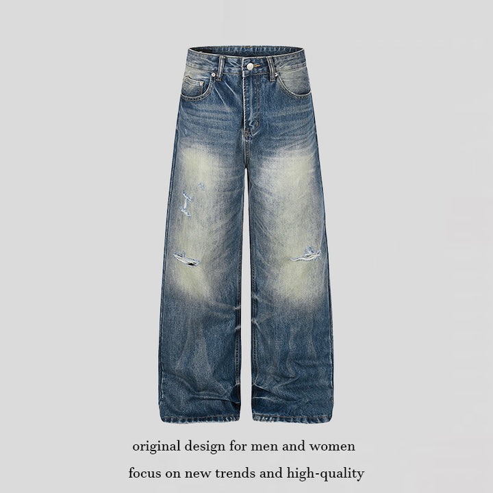 Damen Hochgeschnittene Jeans mit weitem Bein, Used‑Waschung und Destroyed‑Details Drune