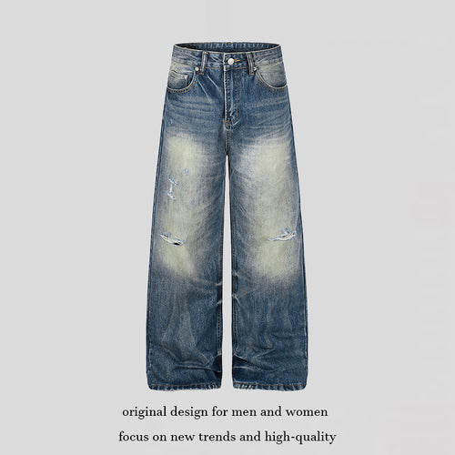 Damen Hochgeschnittene Jeans mit weitem Bein, Used‑Waschung und Destroyed‑Details Drune