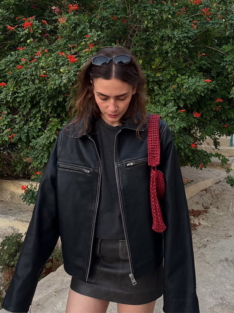 Damen Boxy-Lederimitatjacke mit zweifachem Reißverschluss und Brustzippern Drune