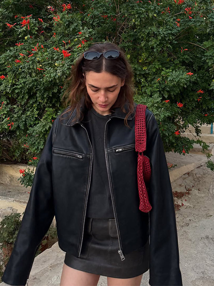 Damen Boxy-Lederimitatjacke mit zweifachem Reißverschluss und Brustzippern Drune