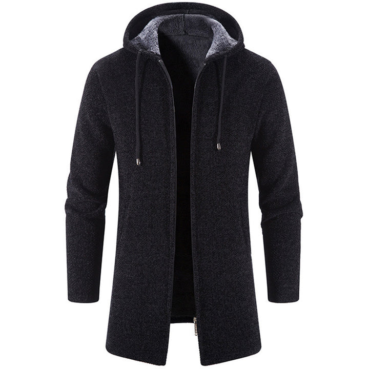 Herren nan langer Kapuzenstrickmantel mit Teddyfutter, durchgehendem Reißverschluss und seitlichen Eingrifftaschen Drune