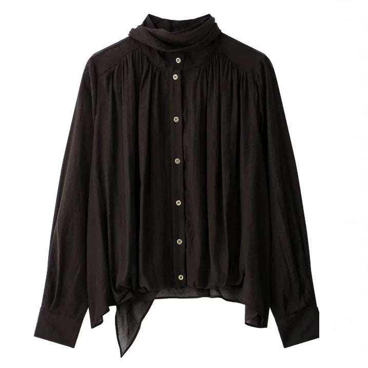 Damen Locker fallende Chiffon‑Bluse mit Schalkragen, Knopfleiste und Ballonärmeln Drune