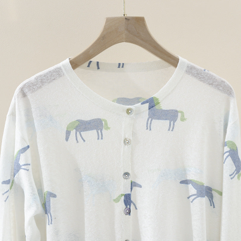 Damen Fein gestrickter Knopfcardigan mit Pferde-Print und Rundhalsausschnitt Drune