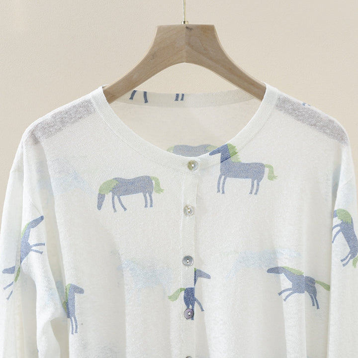 Damen Fein gestrickter Knopfcardigan mit Pferde-Print und Rundhalsausschnitt Drune