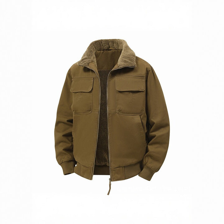 Herren Thermo‑Bomberjacke mit durchgehendem Reißverschluss, Sherpa‑Kragen und Utility‑Taschen Drune