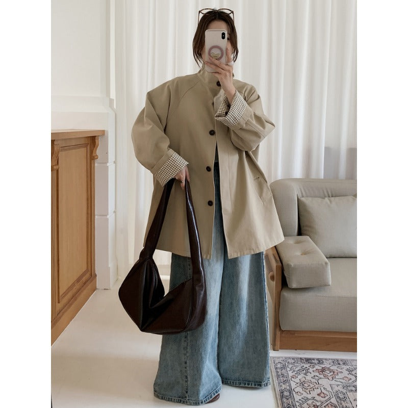 Damen Oversize-Mantel mit Stehkragen und kariertem Ärmelsaum Drune